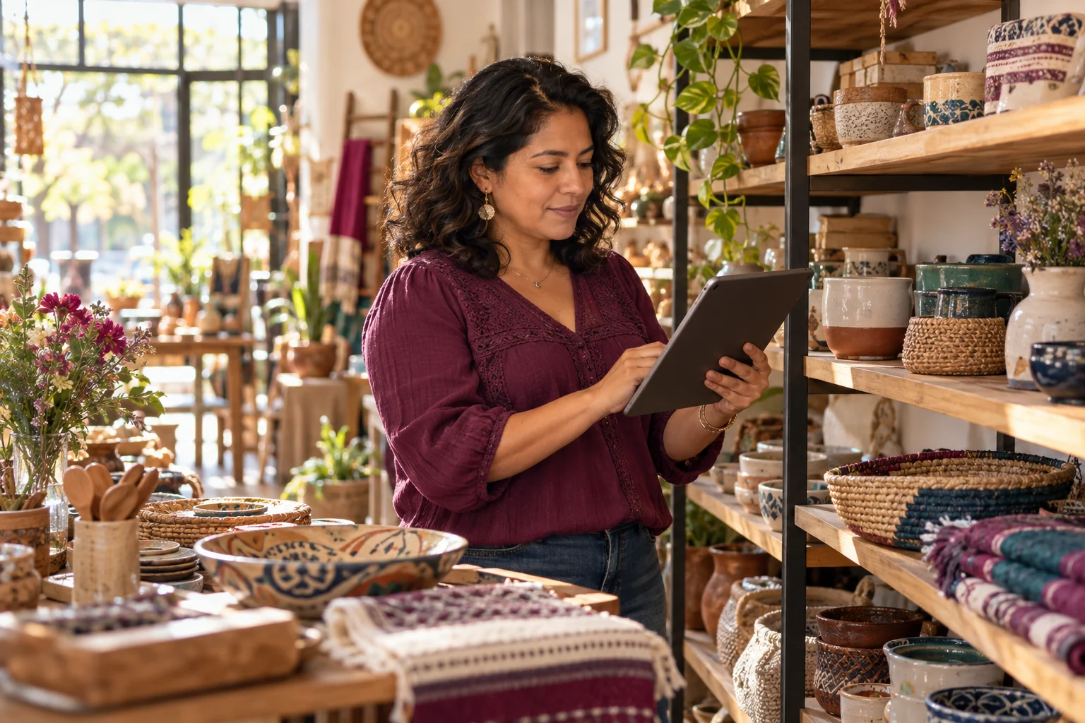 Illustrative editorial scene of a Latina entrepreneur managing her handmade-goods store