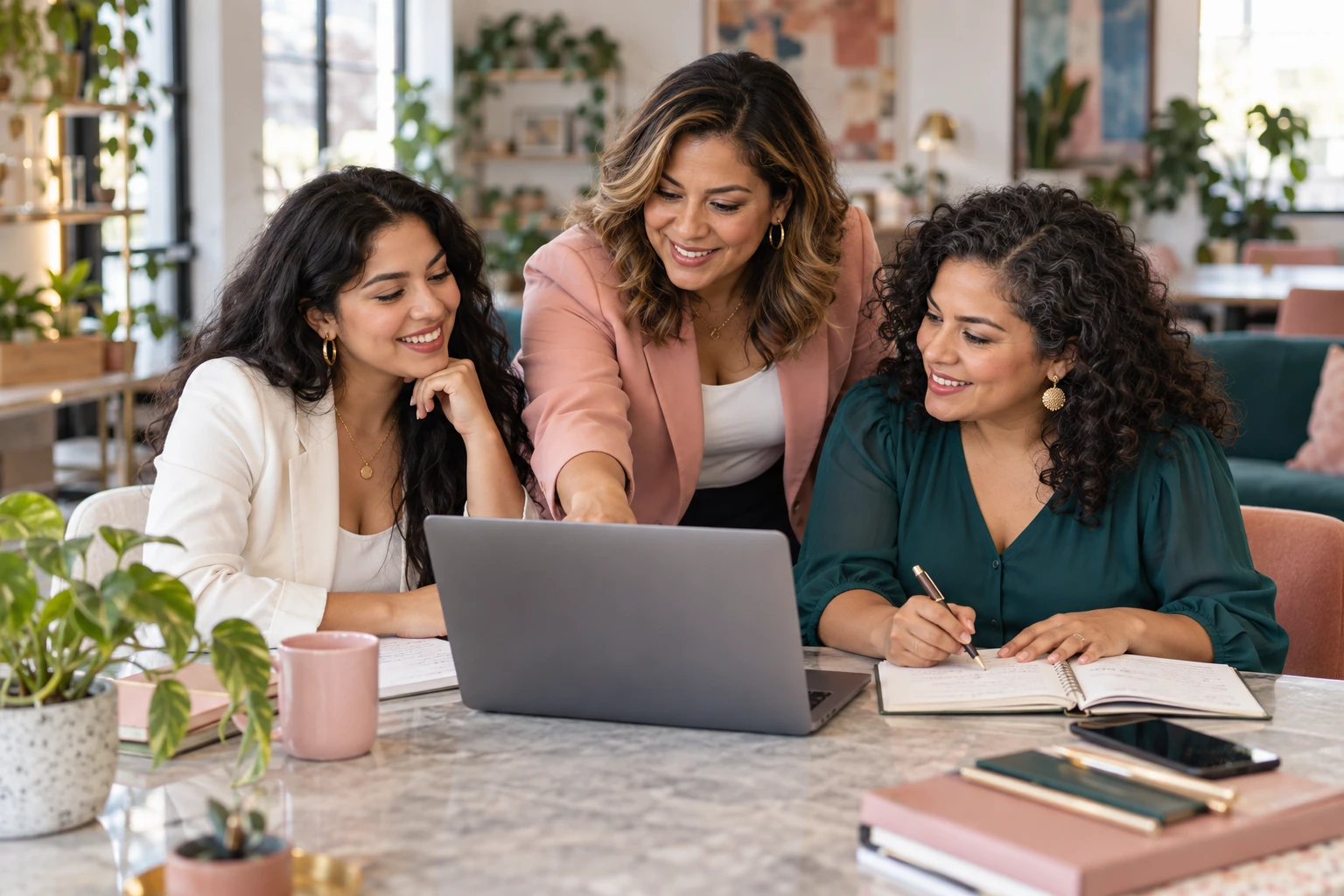 Illustrative image of Latina entrepreneurs building business ideas together