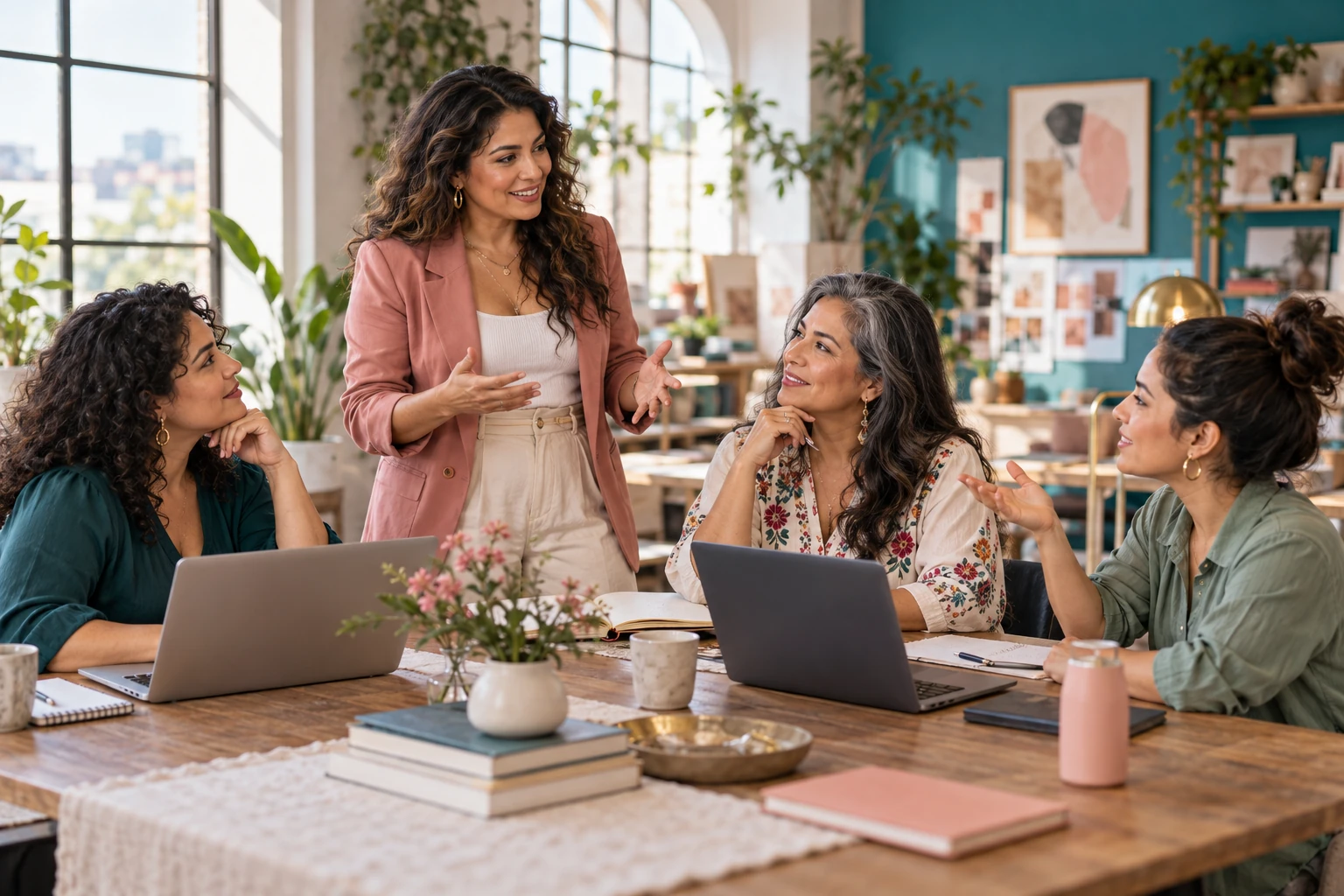 Illustrative scene of Latina entrepreneurs learning with laptops in a workshop